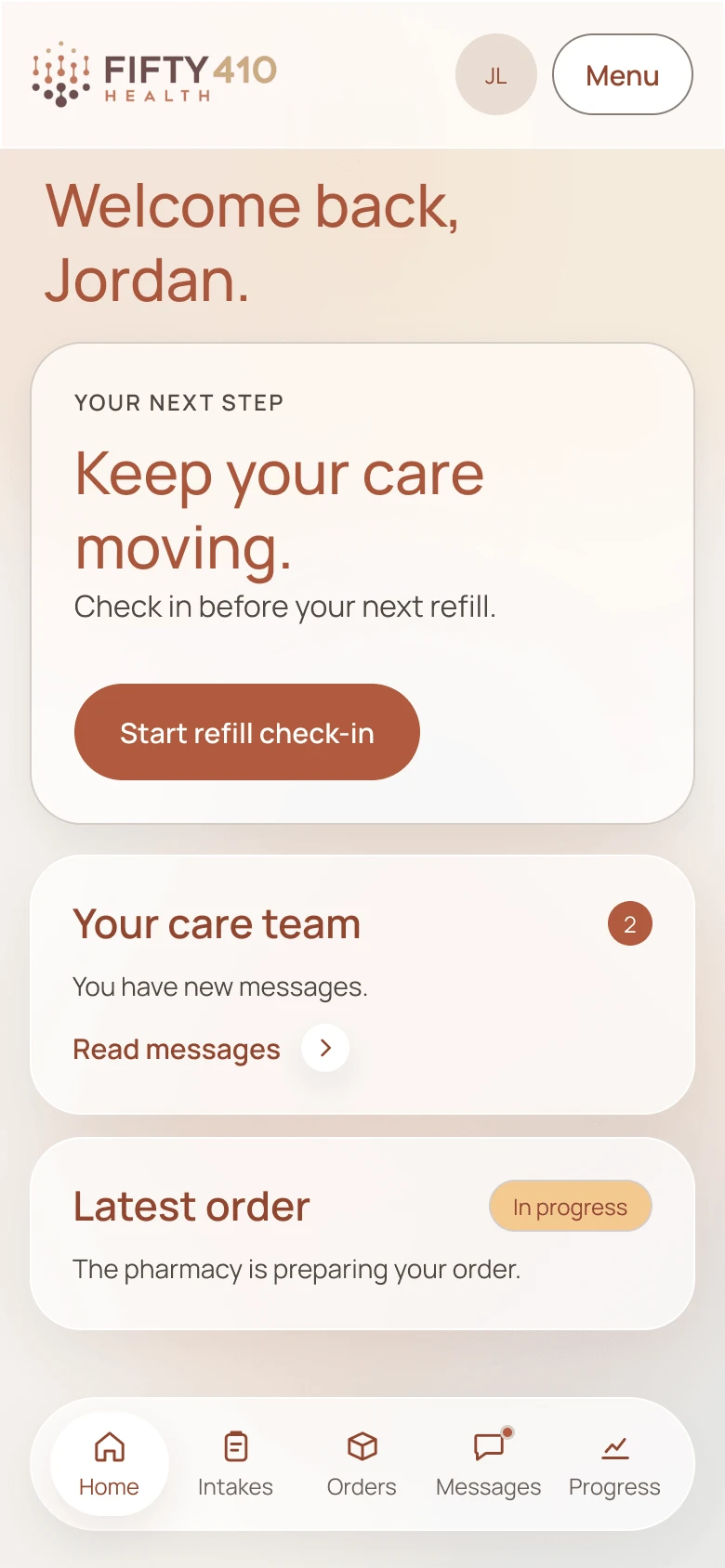 The Fifty 410 patient portal home screen